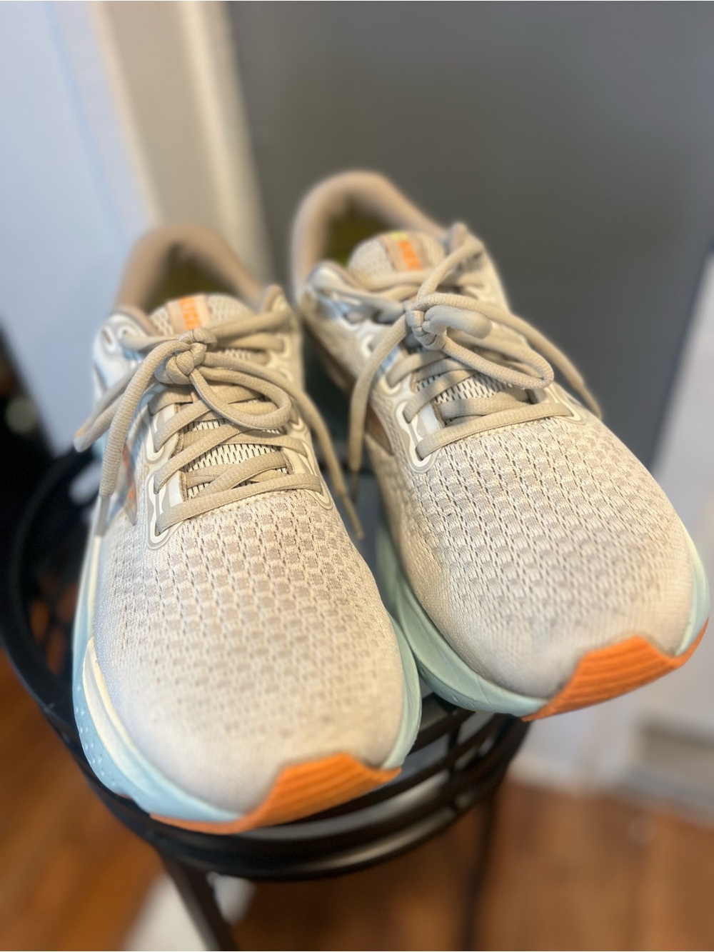 Brooks Kids Beige Sneakers with Light Blue Midsole and Orange Toe